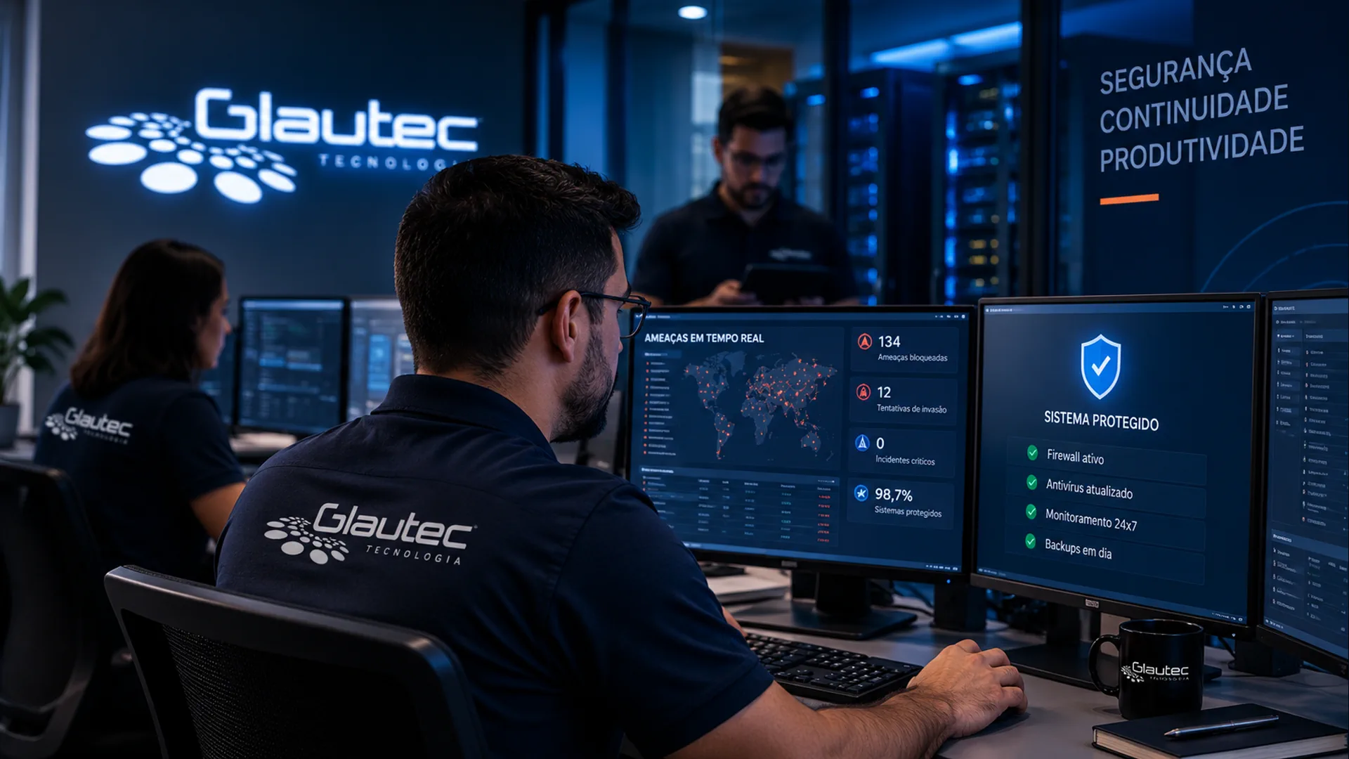 Especialista em cibersegurança monitorando a proteção de dados de uma empresa