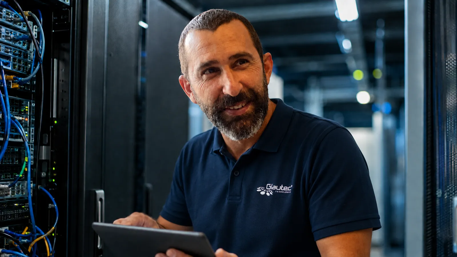 Especialista de TI da Glautec monitorando servidores em datacenter