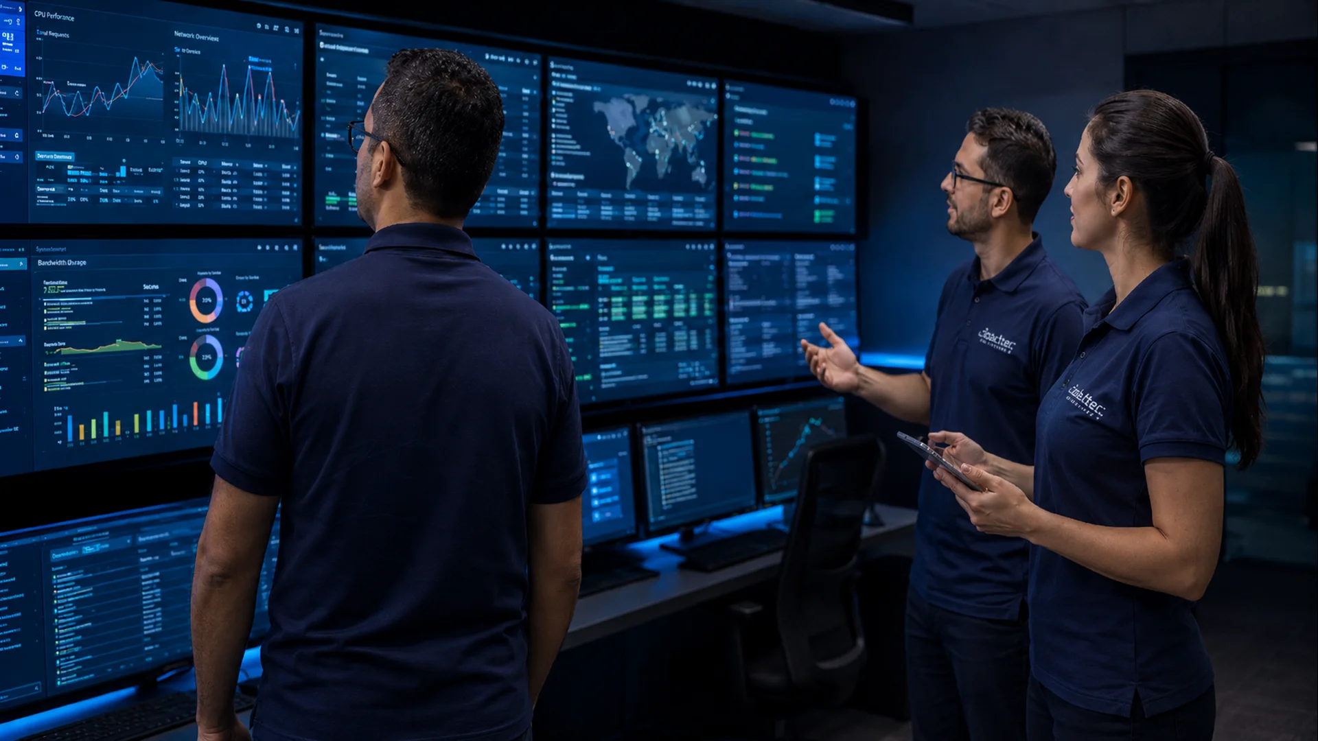 Equipe da Glautec em central de monitoramento acompanhando sistemas em tempo real