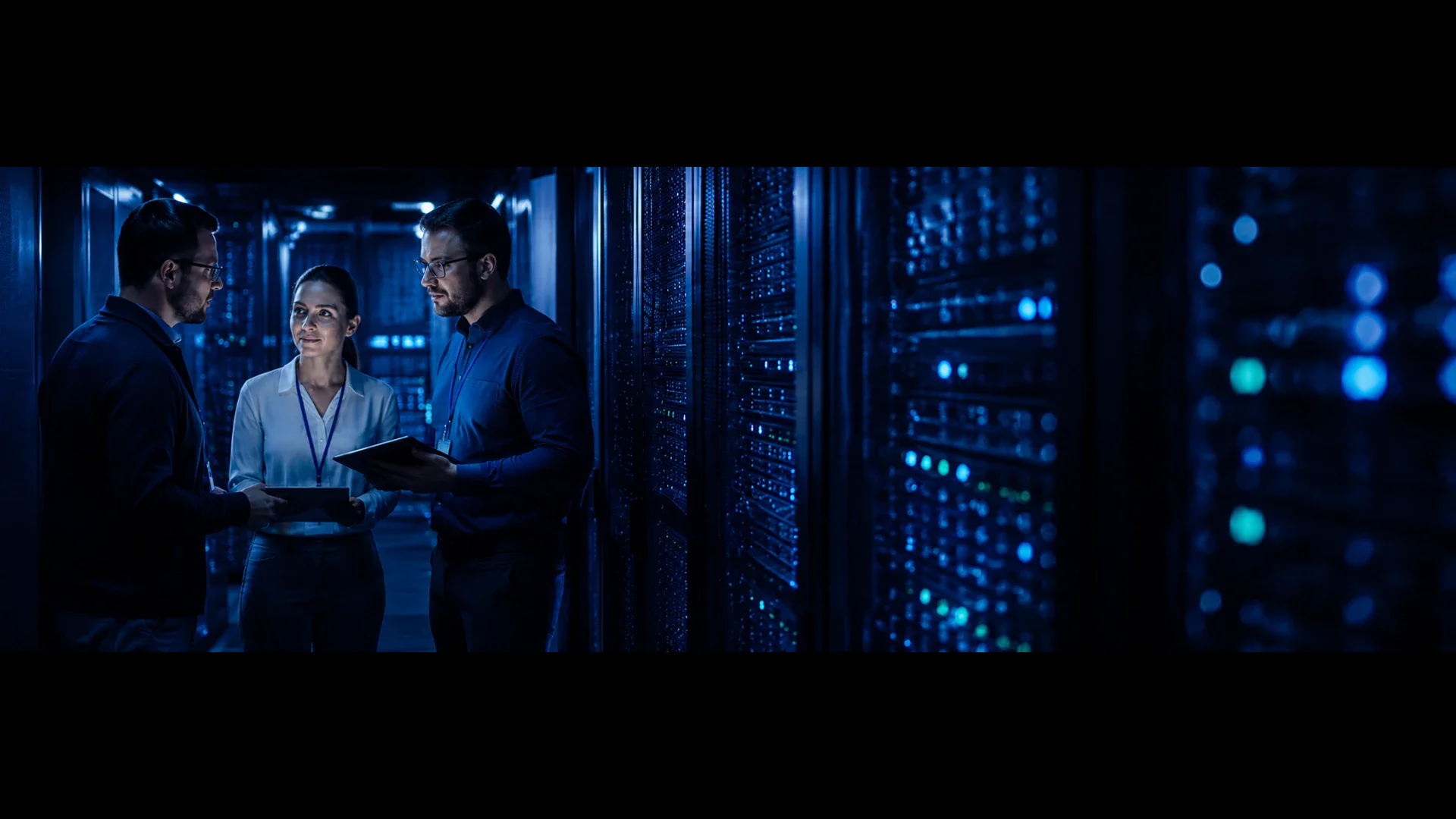 Equipe de especialistas da Glautec em datacenter ao lado de racks de servidores